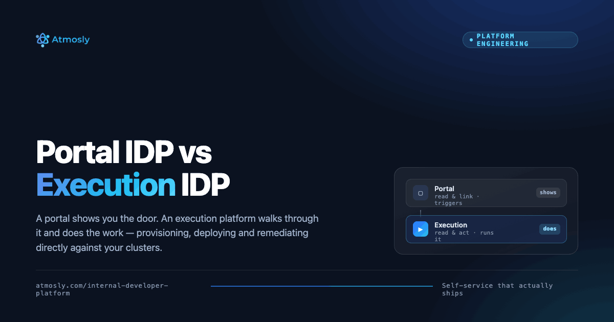 Diagram comparing a portal IDP that links out to external pipelines versus an execution IDP that runs provisioning, deployment, and remediation directly