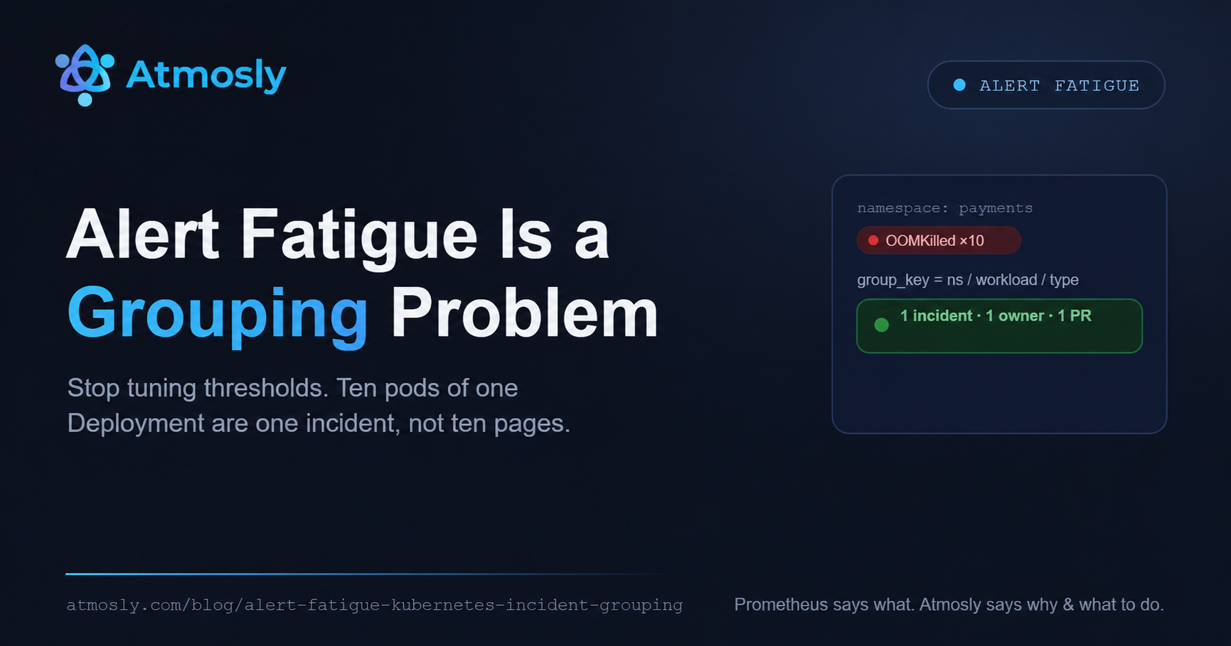 Alert fatigue in Kubernetes solved by incident grouping — ten OOMKilled pages collapsed into one incident